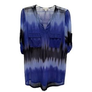 Faith and Joy Women’s XL Sheer Ombre Black Blues Pullover V-Neck Top Shirt